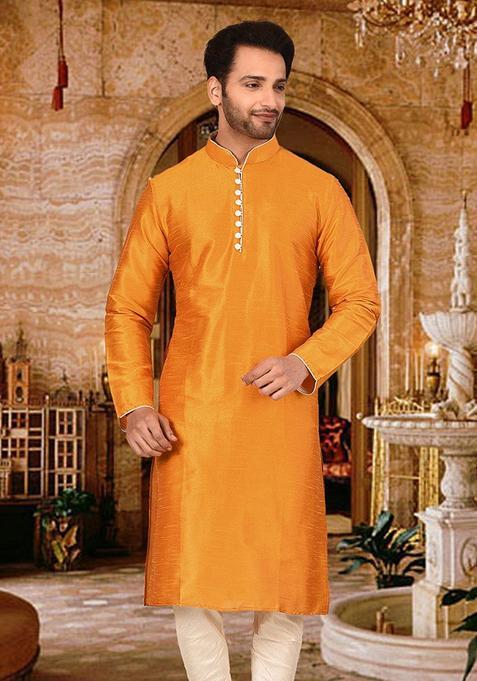 Mustard Silk Kurta For Men