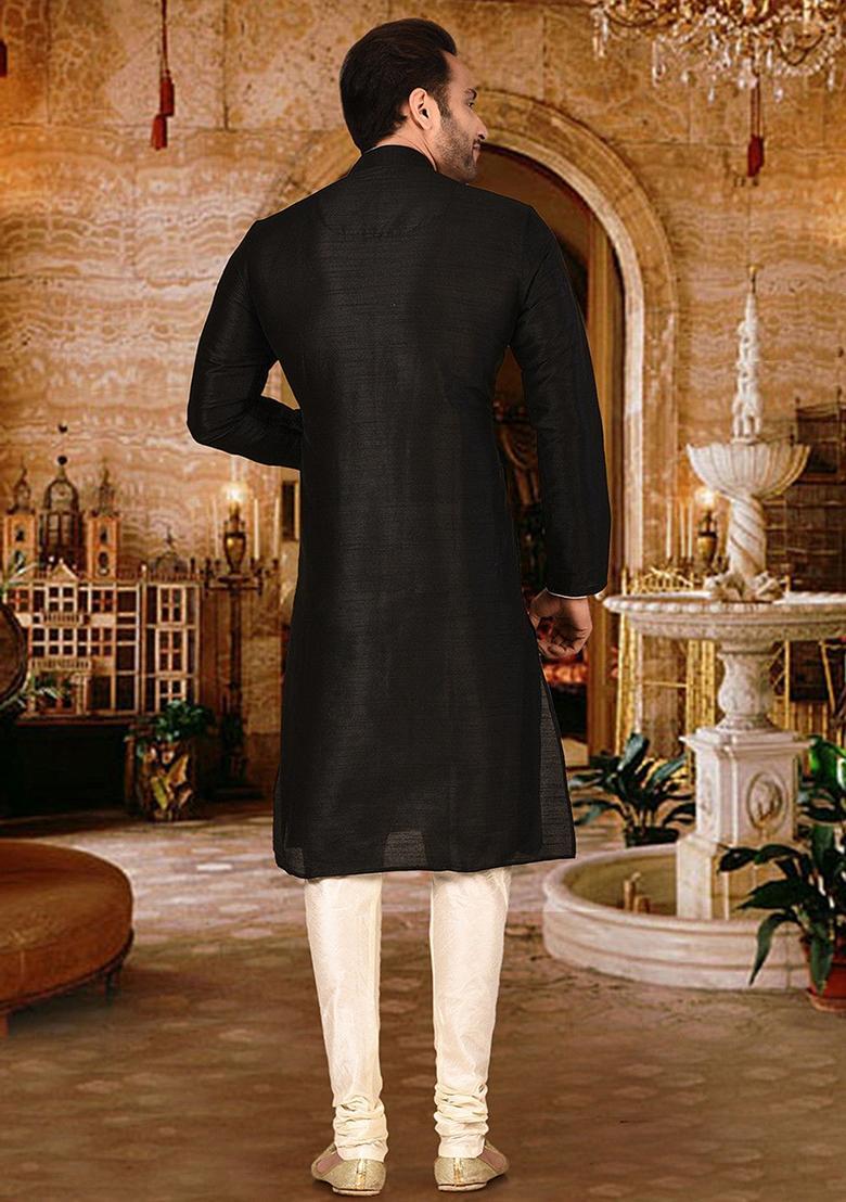 Black Silk Kurta Set For Men - Indya