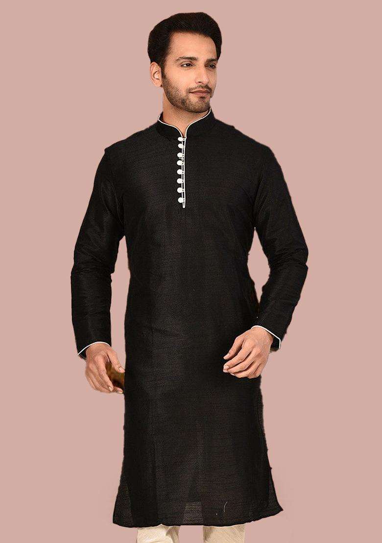 Black Silk Kurta For Men - Indya