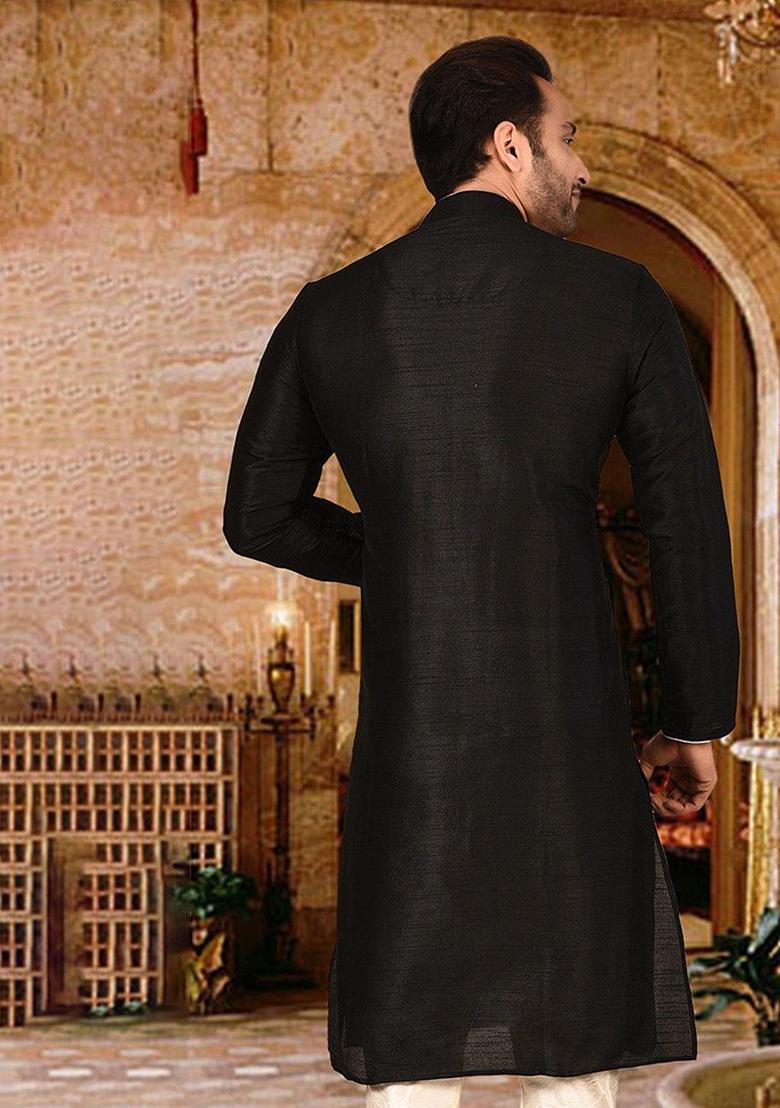 Black Silk Kurta For Men - Indya
