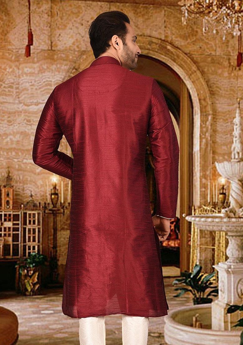 Red Silk Kurta For Men - Indya