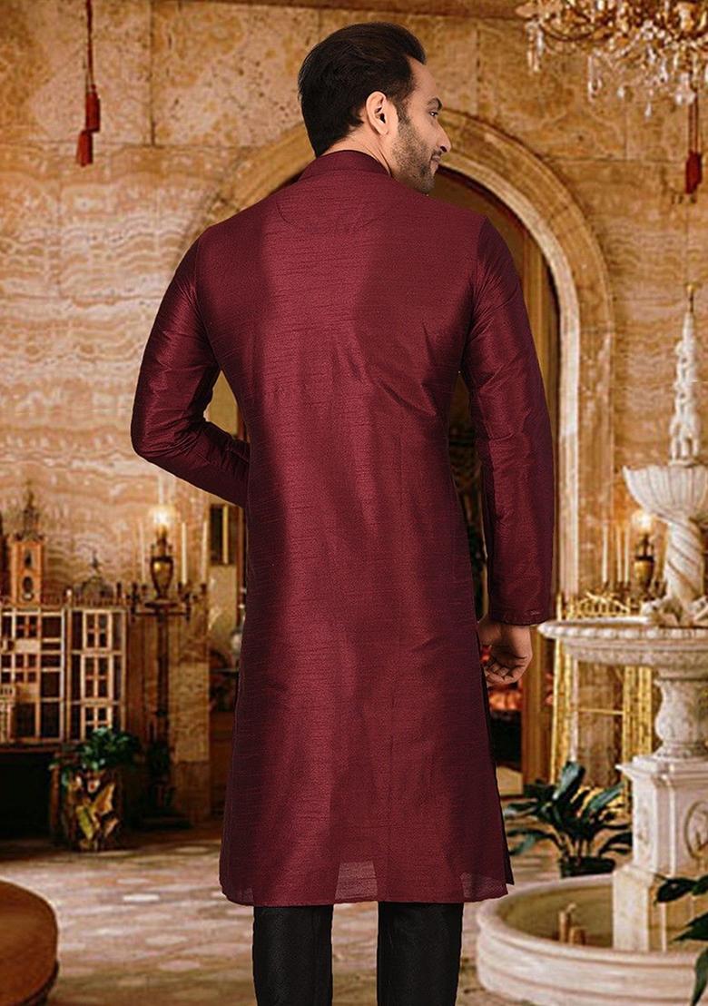 Maroon Silk Kurta For Men - Indya