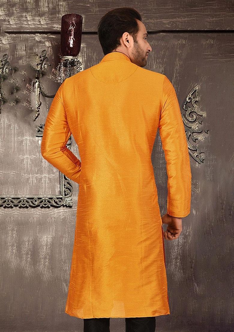 Mustard Silk Kurta For Men - Indya