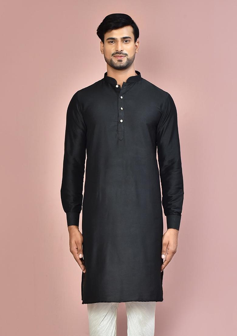Black Cotton Kurta For Men - Indya