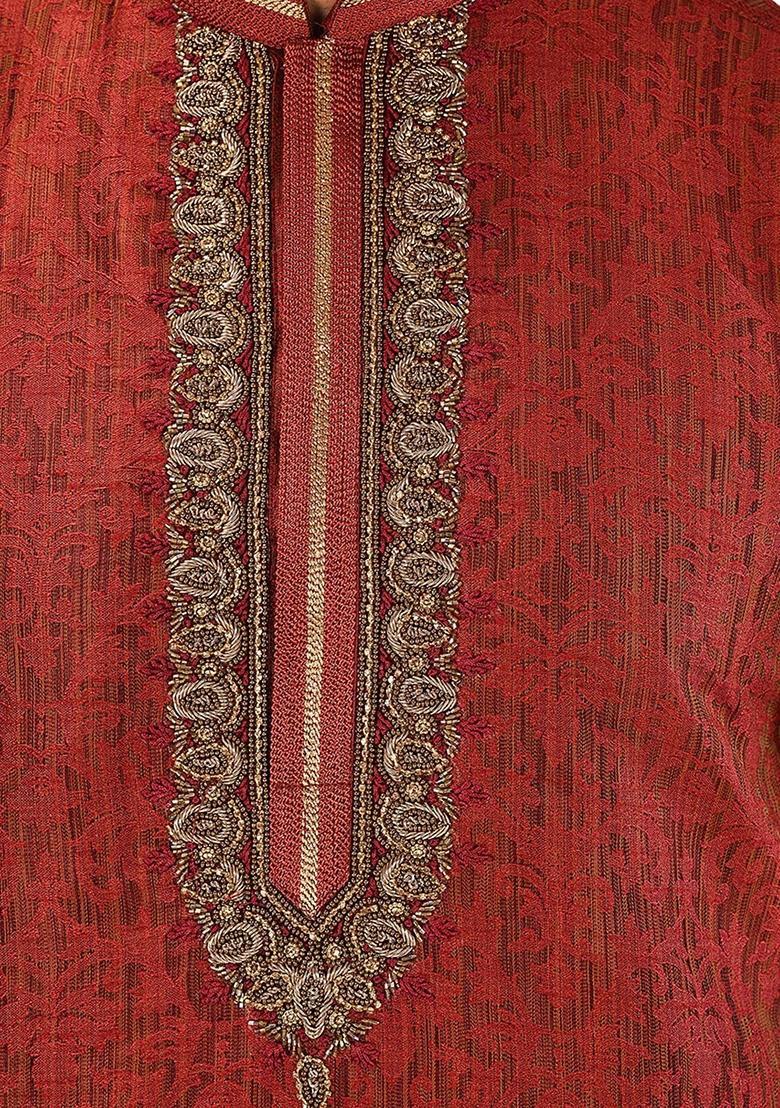 Red Mulbury Kurta Set For Men - Indya