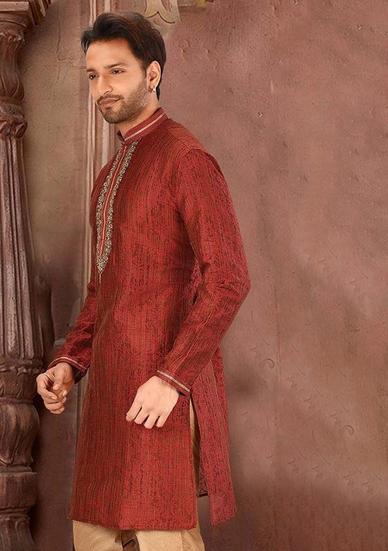 Red Mulbury Kurta For Men - Indya
