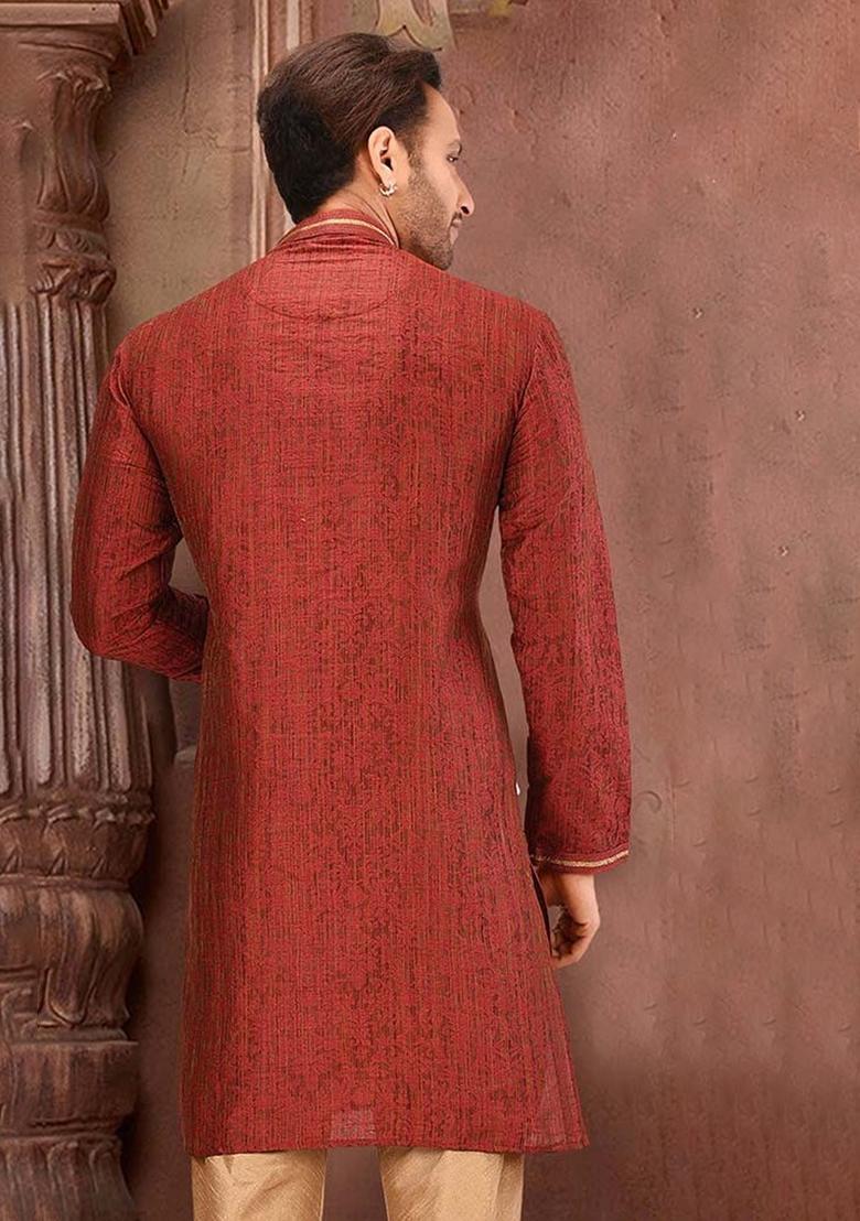 Red Mulbury Kurta For Men - Indya