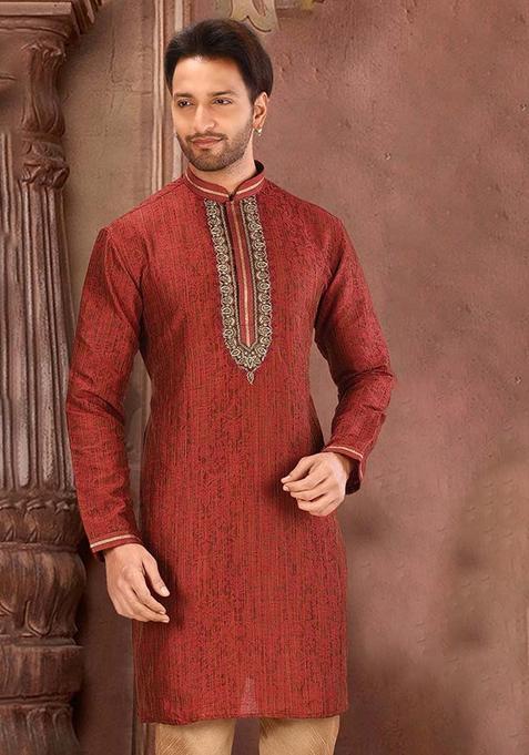 Red Mulbury Kurta For Men