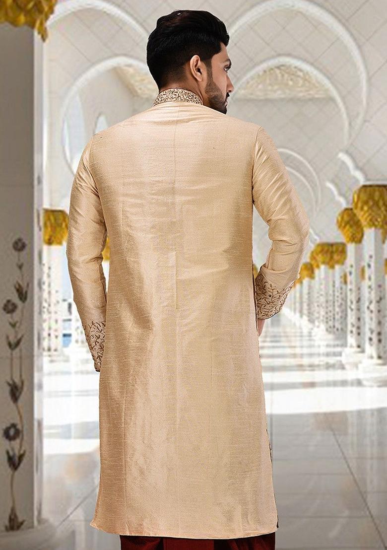 Fawn Hand Work Cotton Kurta For Men - Indya