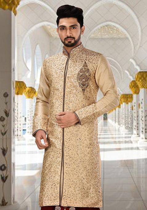 Fawn Hand Work Cotton Kurta For Men