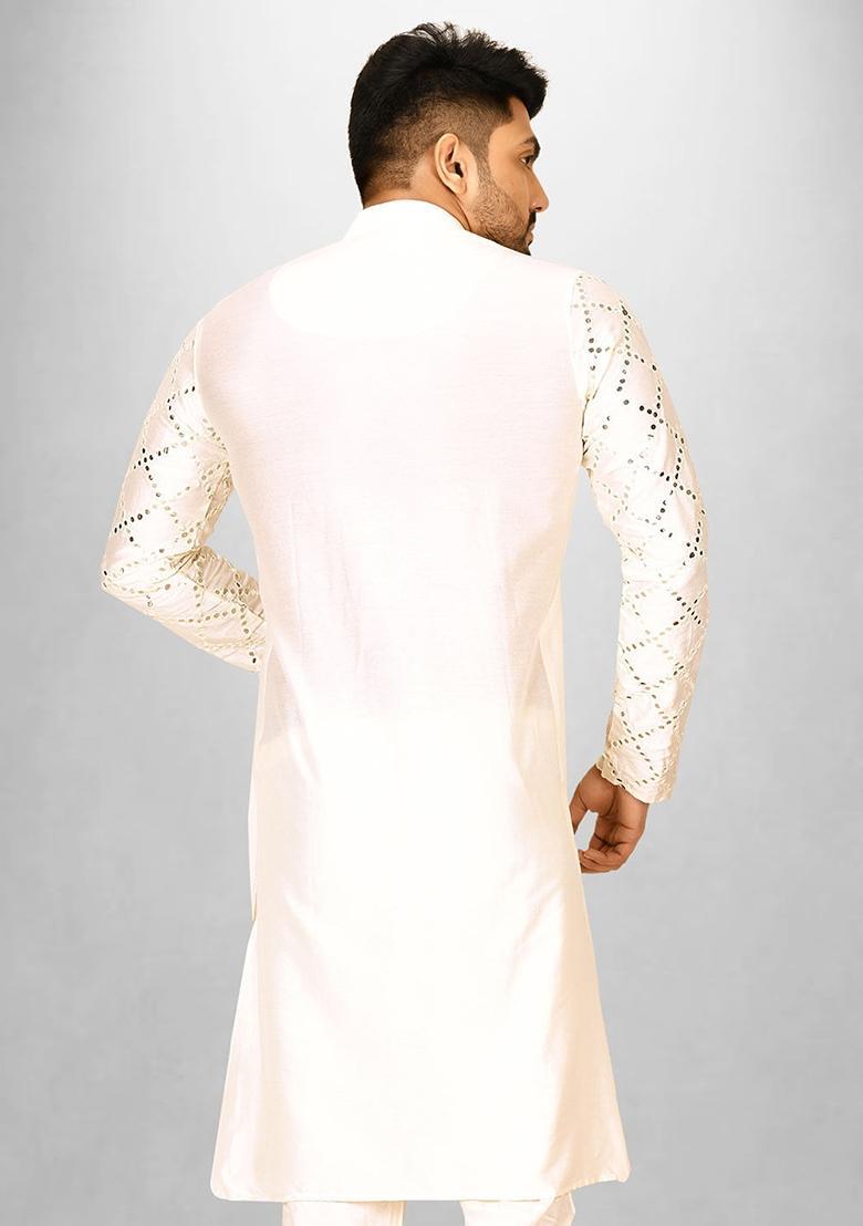 Cream Hand Work Cotton Kurta For Men - Indya