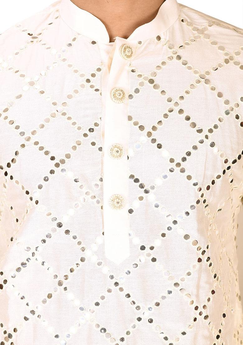 Cream Hand Work Cotton Kurta For Men - Indya