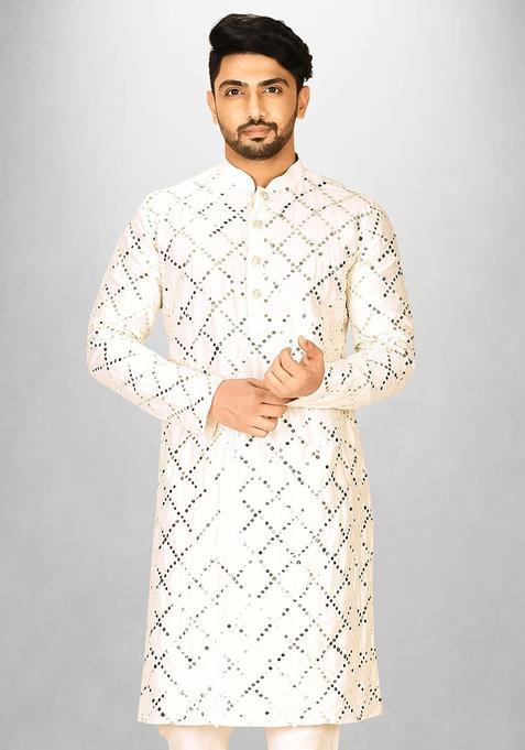 Cream Hand Work Cotton Kurta For Men