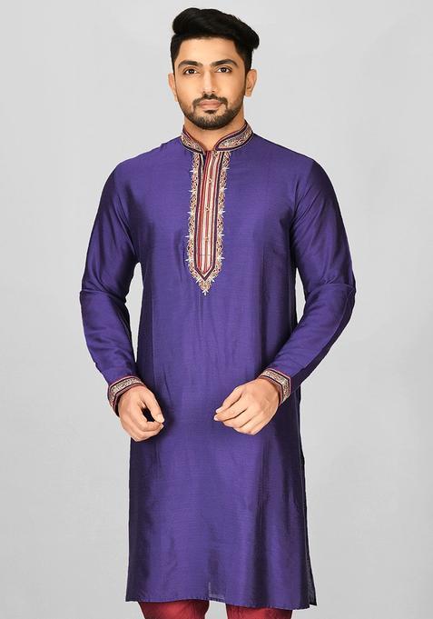 Purple Hand Work Cotton Kurta For Men
