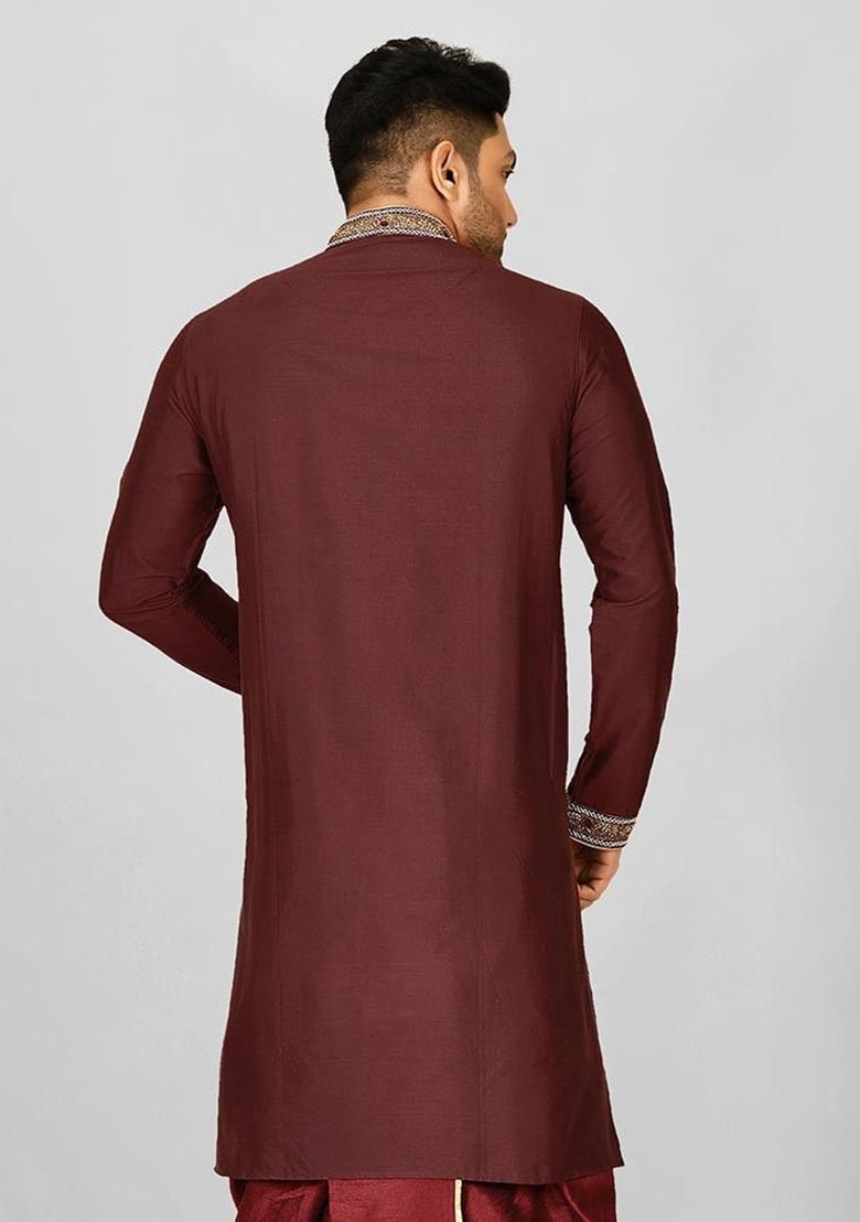 Maroon Hand Work Cotton Kurta For Men - Indya