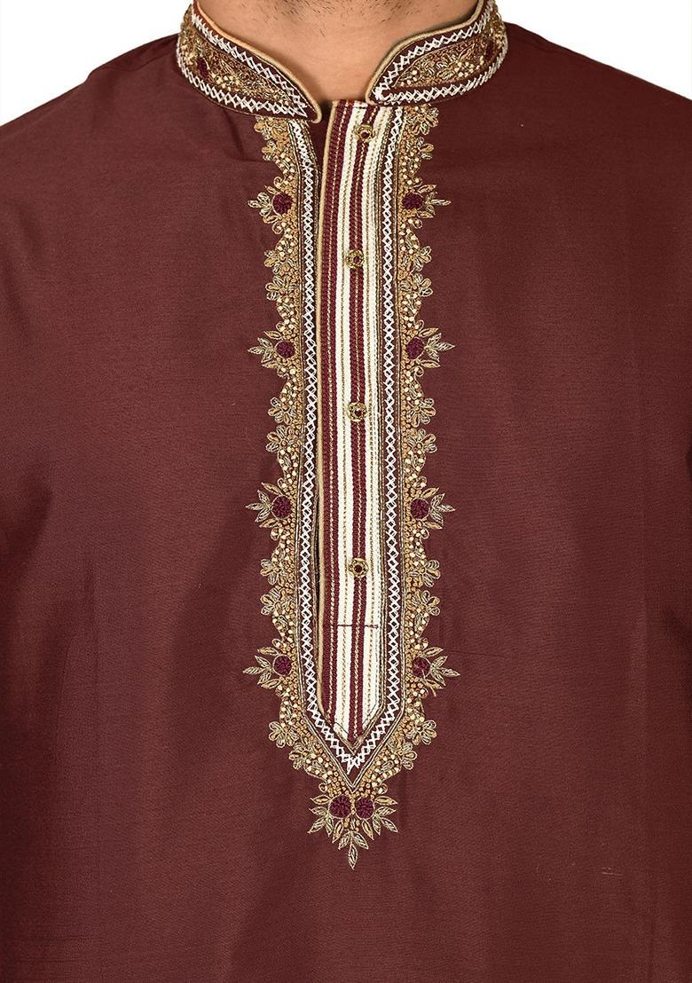 Maroon Hand Work Cotton Kurta For Men - Indya