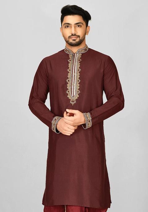 Maroon Hand Work Cotton Kurta For Men