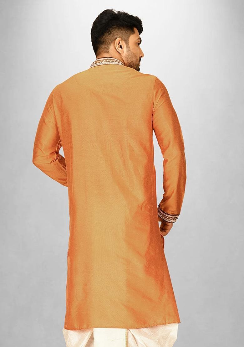 Mustard Hand Work Cotton Kurta For Men - Indya