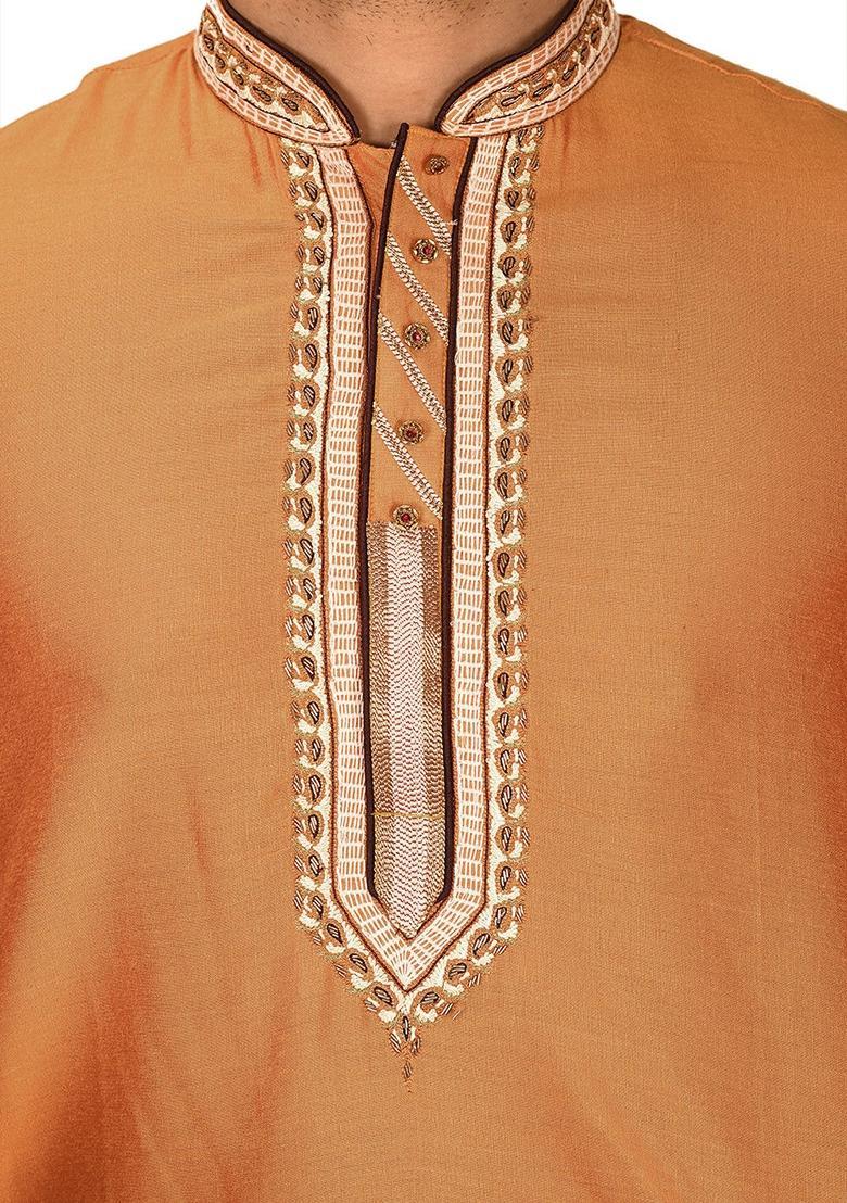 Mustard Hand Work Cotton Kurta For Men - Indya