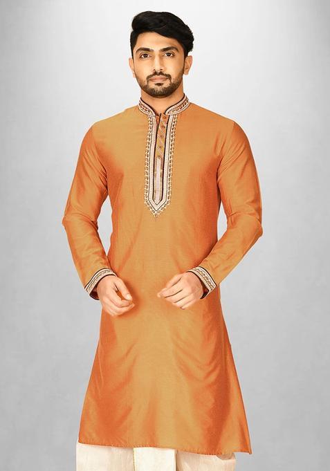 Mustard Hand Work Cotton Kurta For Men