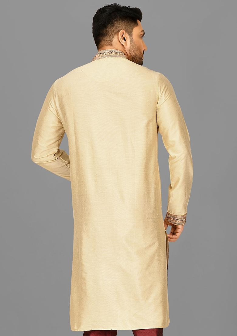 Fawn Hand Work Cotton Kurta For Men - Indya