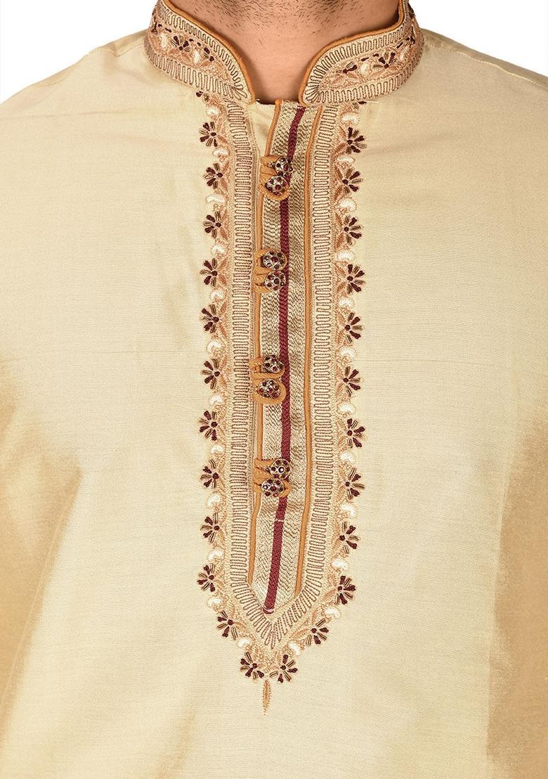 Fawn Hand Work Cotton Kurta For Men - Indya