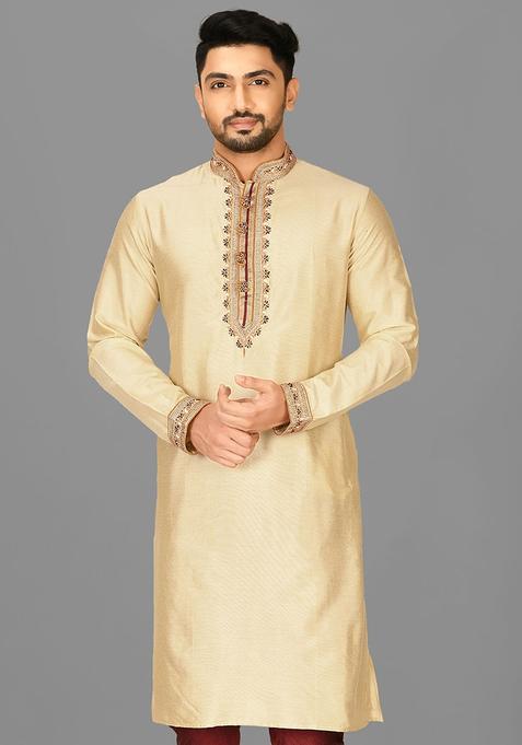 Fawn Hand Work Cotton Kurta For Men