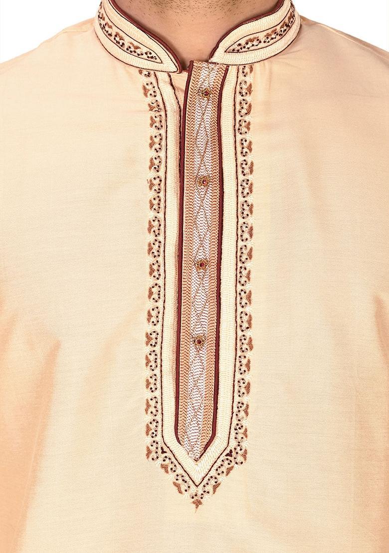 Fawn Hand Work Cotton Kurta For Men - Indya