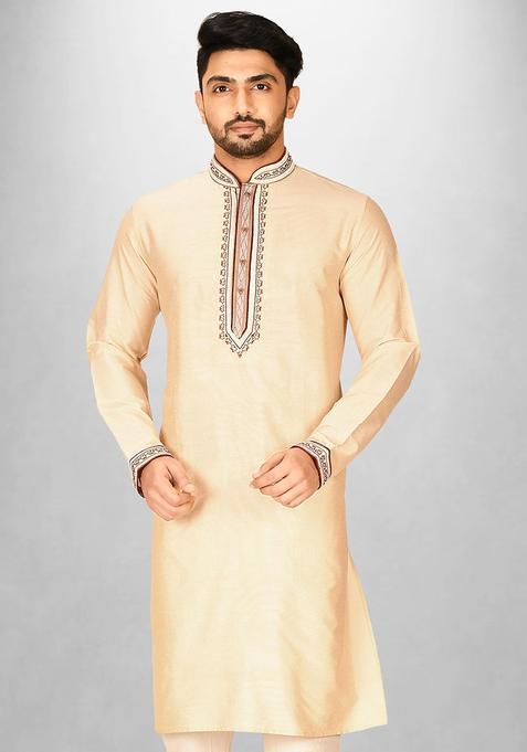 Fawn Hand Work Cotton Kurta For Men
