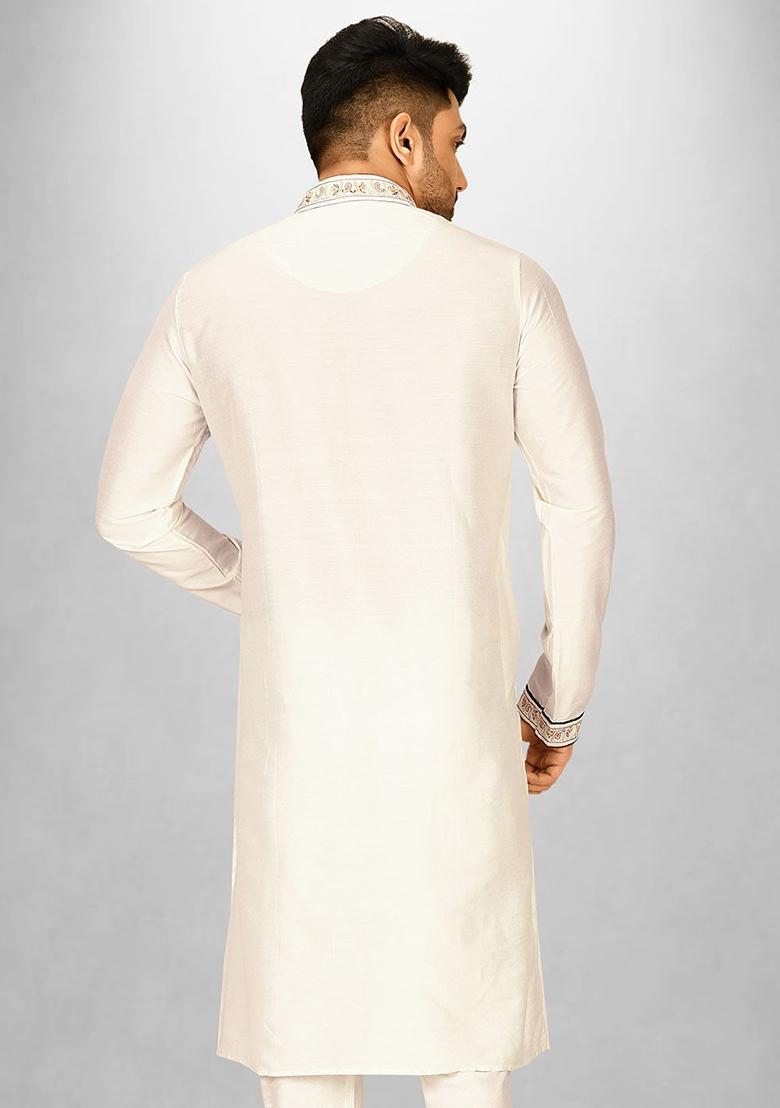 Cream Hand Work Cotton Kurta For Men - Indya