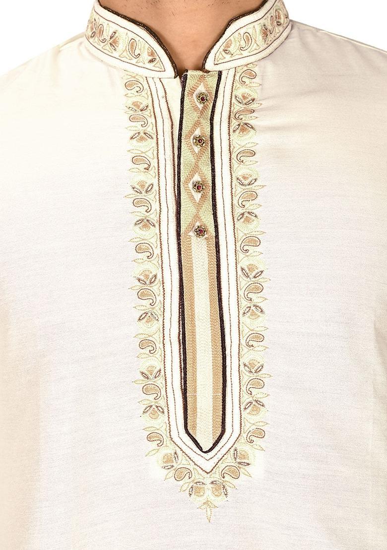 Cream Hand Work Cotton Kurta For Men - Indya