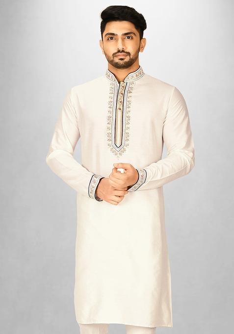 Cream Hand Work Cotton Kurta For Men