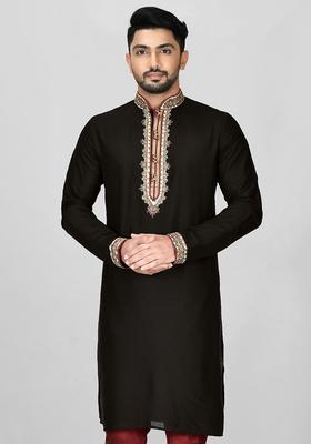 Black Hand Work Cotton Kurta For Men