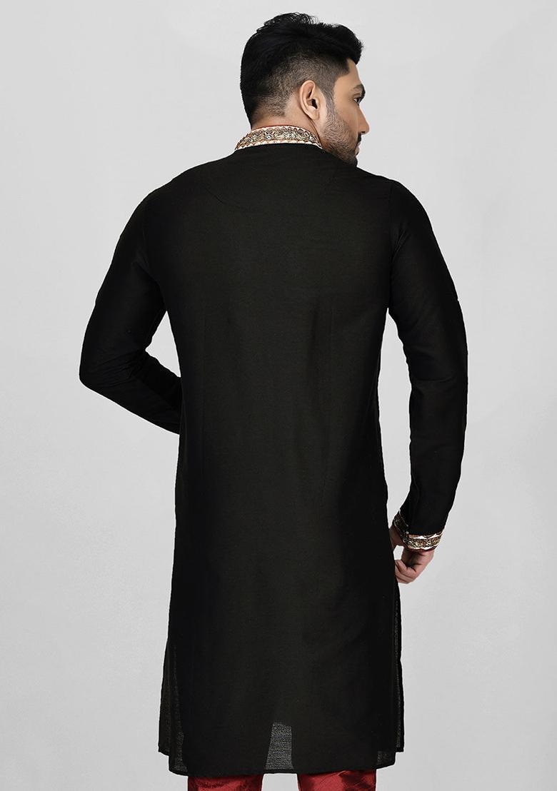 Black Hand Work Cotton Kurta For Men - Indya