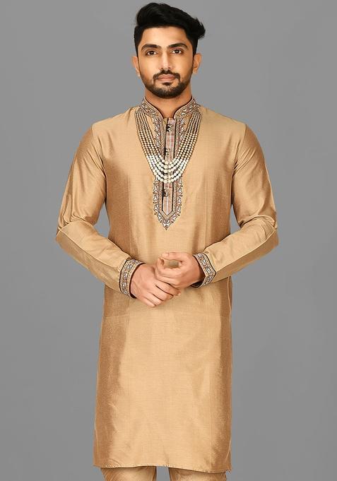 Chiku Hand Work Cotton Kurta For Men