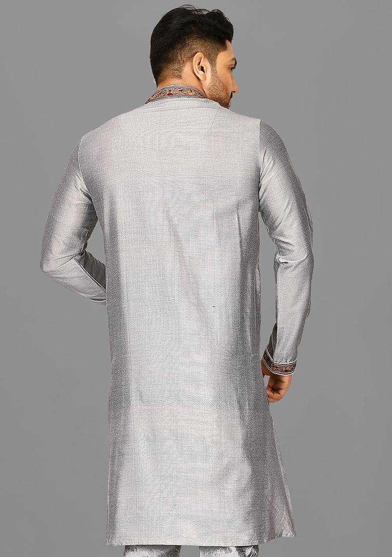Grey Hand Work Cotton Kurta For Men - Indya