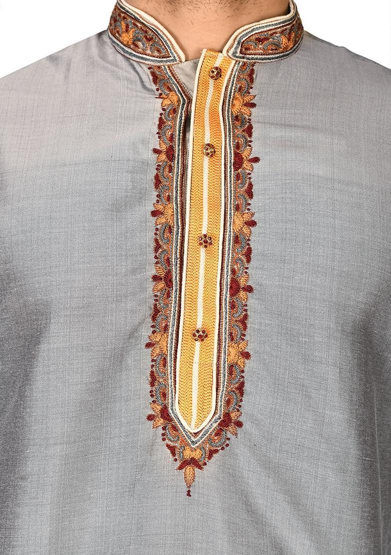 Grey Hand Work Cotton Kurta For Men - Indya