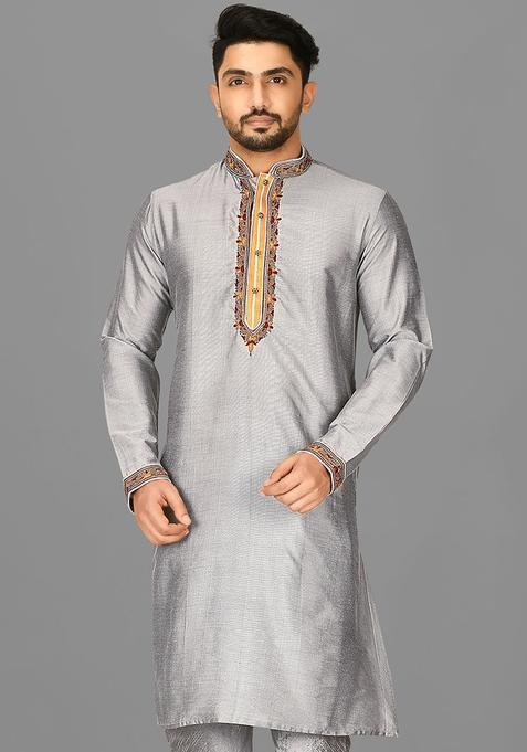 Grey Hand Work Cotton Kurta For Men