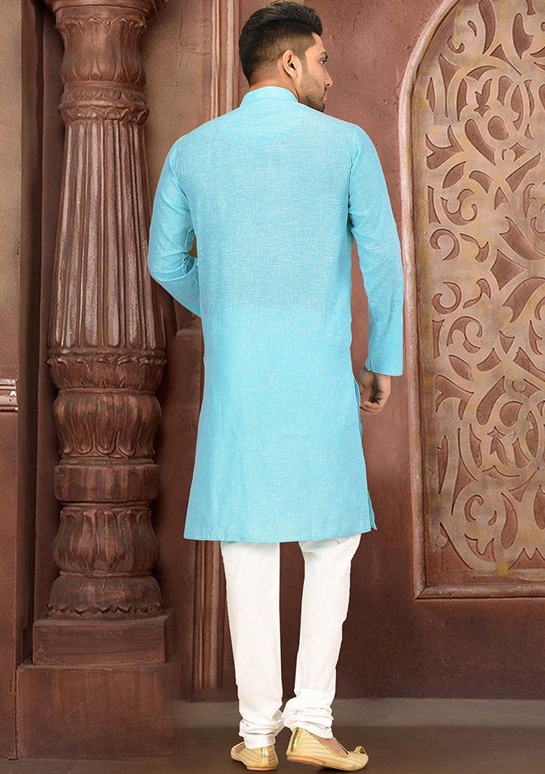 Sky Blue Cotton Kurta Set For Men - Indya