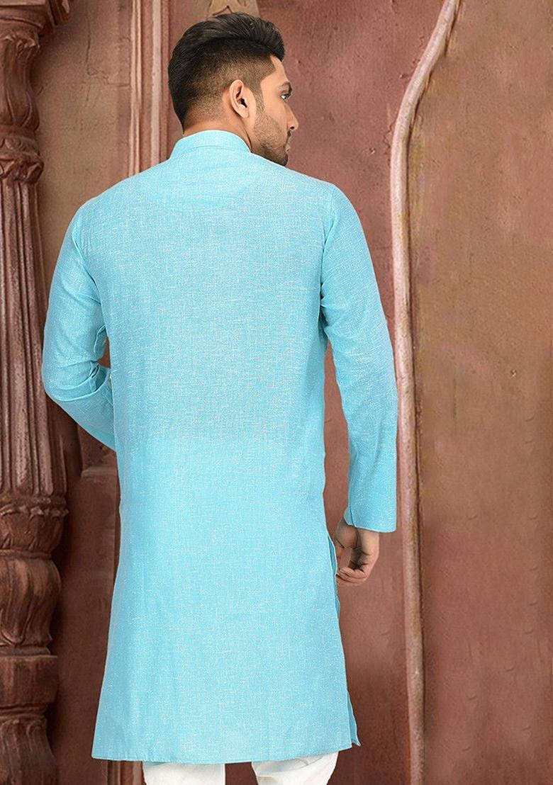 Sky Blue Cotton Kurta For Men - Indya