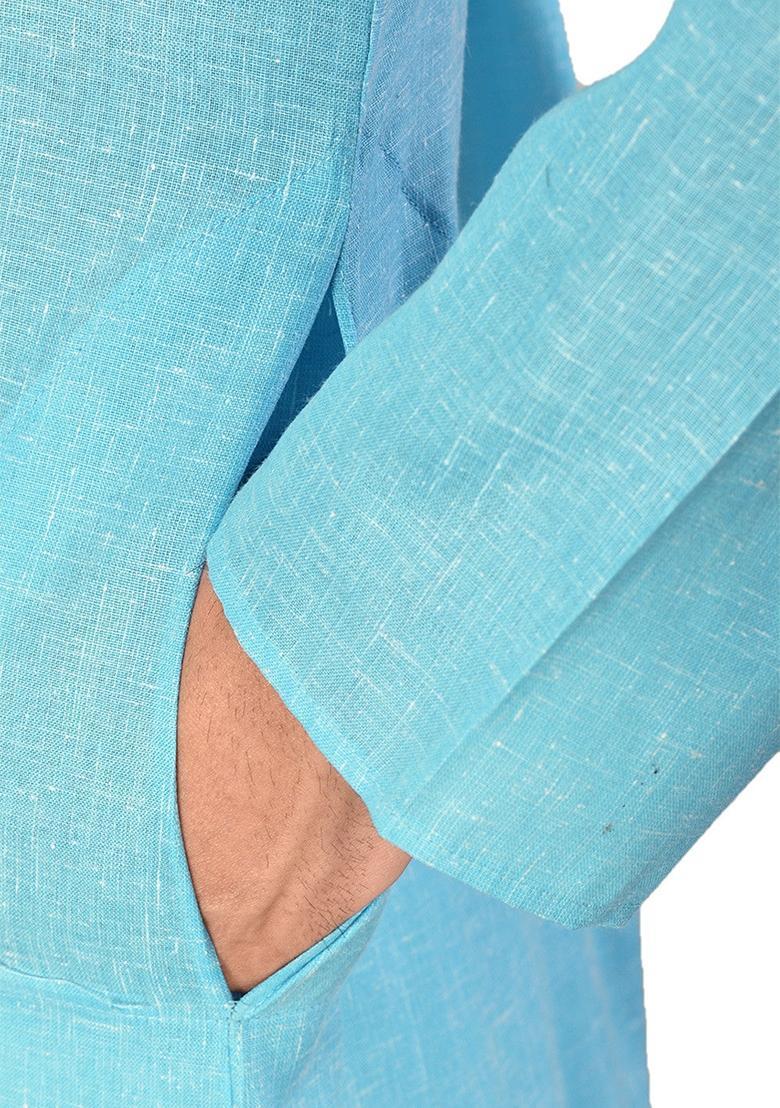 Sky Blue Cotton Kurta For Men - Indya
