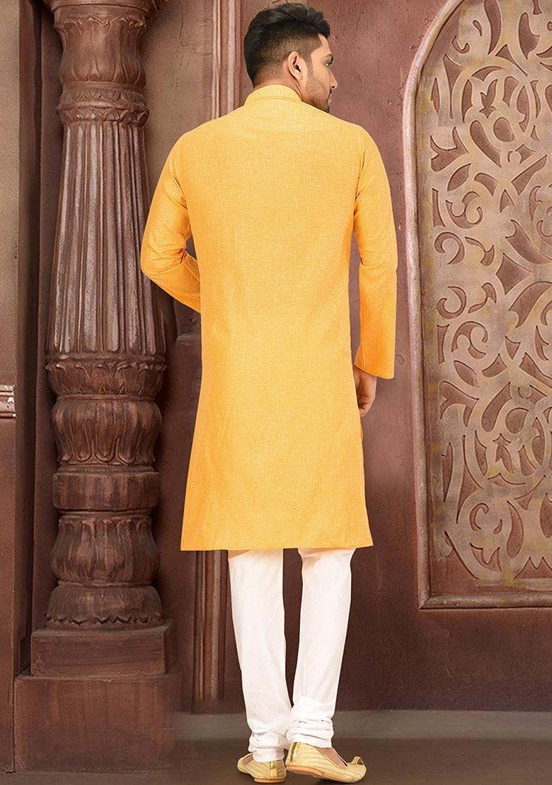 Yellow Cotton Kurta Set For Men - Indya