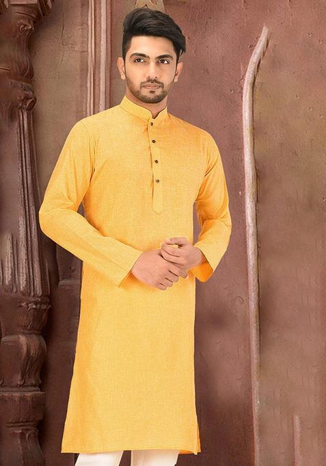 Yellow Cotton Kurta For Men