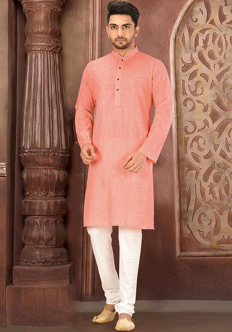 Peach Cotton Kurta Set For Men
