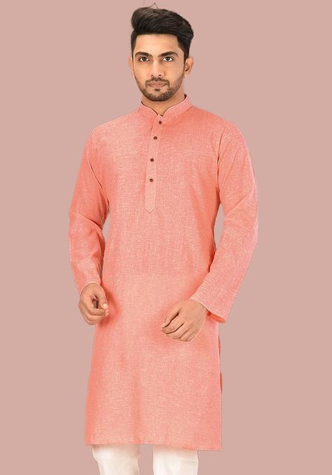 Peach Cotton Kurta For Men