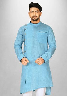 Sky Blue Cotton Kurta For Men
