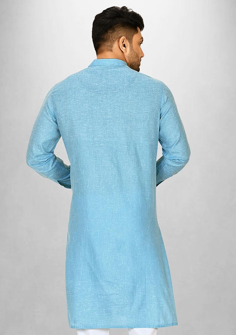 Sky Blue Cotton Kurta For Men - Indya