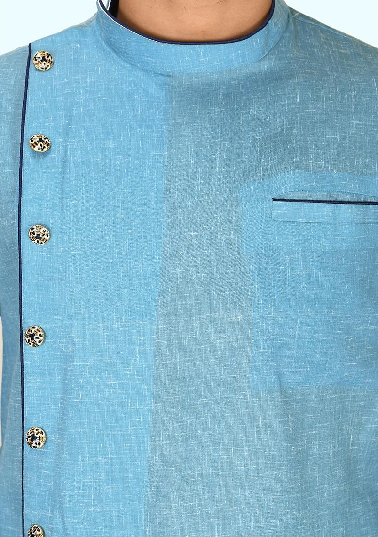 Sky Blue Cotton Kurta For Men - Indya