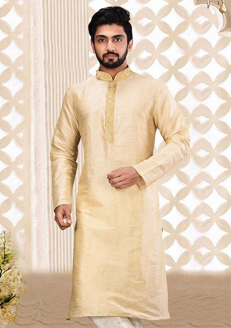 Fawn Hand Work Silk Kurta For Men - Indya