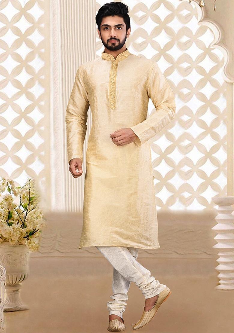 Fawn Hand Work Silk Kurta For Men - Indya